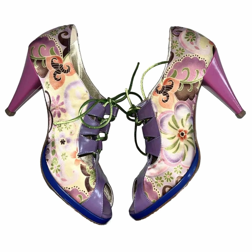 🚫SOLD🚫 SUPER RARE! Laduca CARA Purple & Pink Leather With Floral Satin Size 38